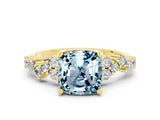 Yellow gold Cushion Cut Aquamarine Scattered Round Accent Ring with Prong Setting_24