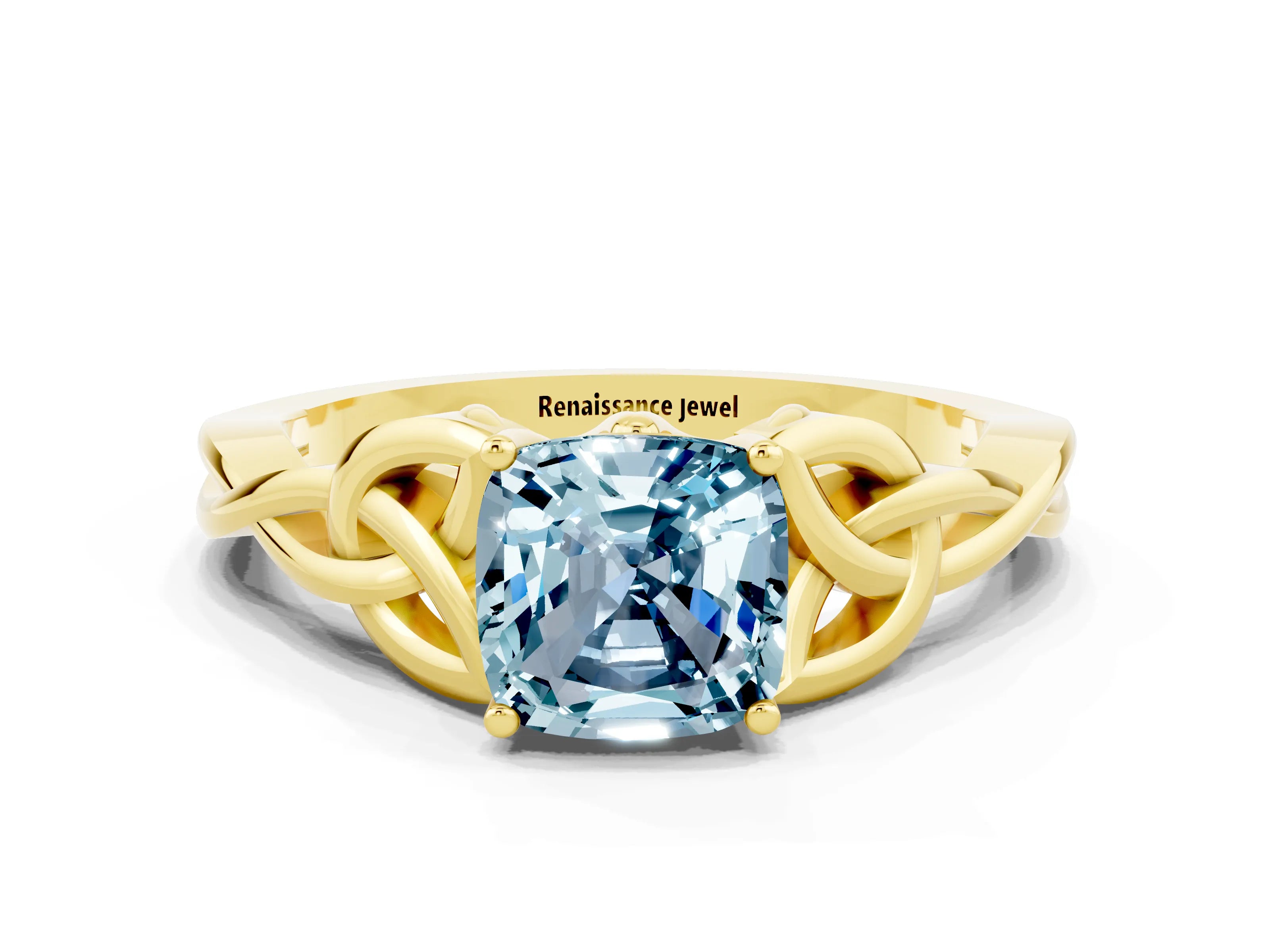 Yellow gold Cushion Cut Aquamarine Solitaire Celtic Knot Ring with Four-Prong Setting_12