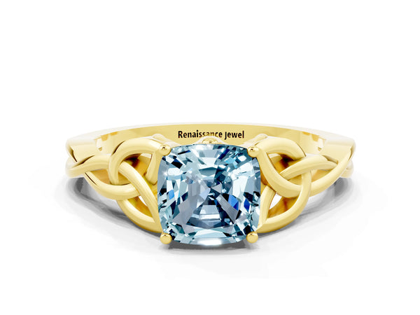 Yellow gold Cushion Cut Aquamarine Solitaire Celtic Knot Ring with Four-Prong Setting