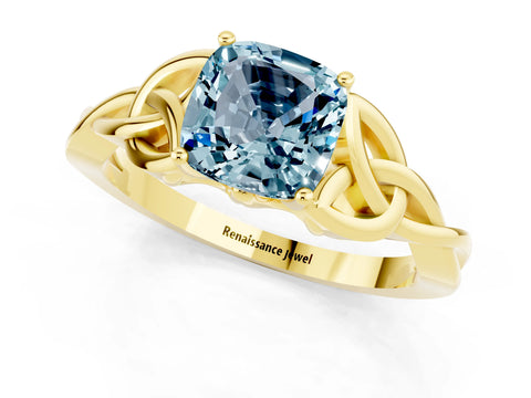 Yellow gold Cushion Cut Aquamarine Solitaire Celtic Knot Ring with Four-Prong Setting_13