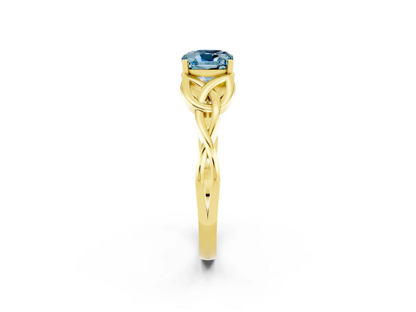 Yellow gold Cushion Cut Aquamarine Solitaire Celtic Knot Ring with Four-Prong Setting