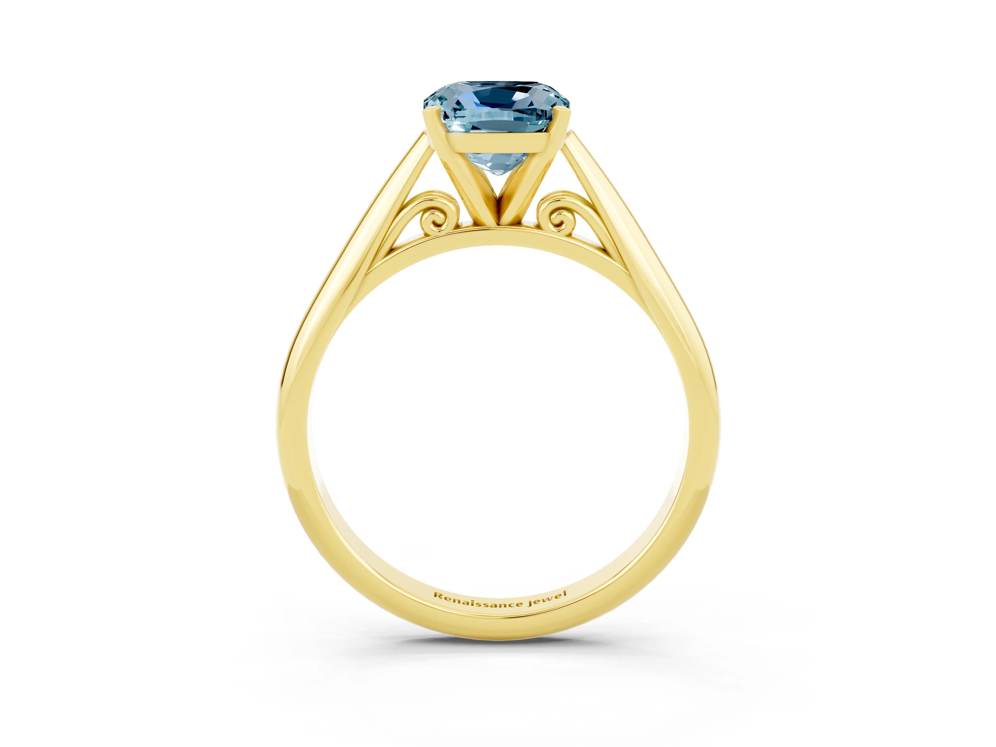 Yellow gold Cushion Cut Aquamarine Solitaire Engagement Ring with Cathedral Setting and Four-Prong Mount_15
