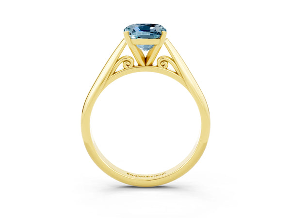 Yellow gold Cushion Cut Aquamarine Solitaire Engagement Ring with Cathedral Setting and Four-Prong Mount