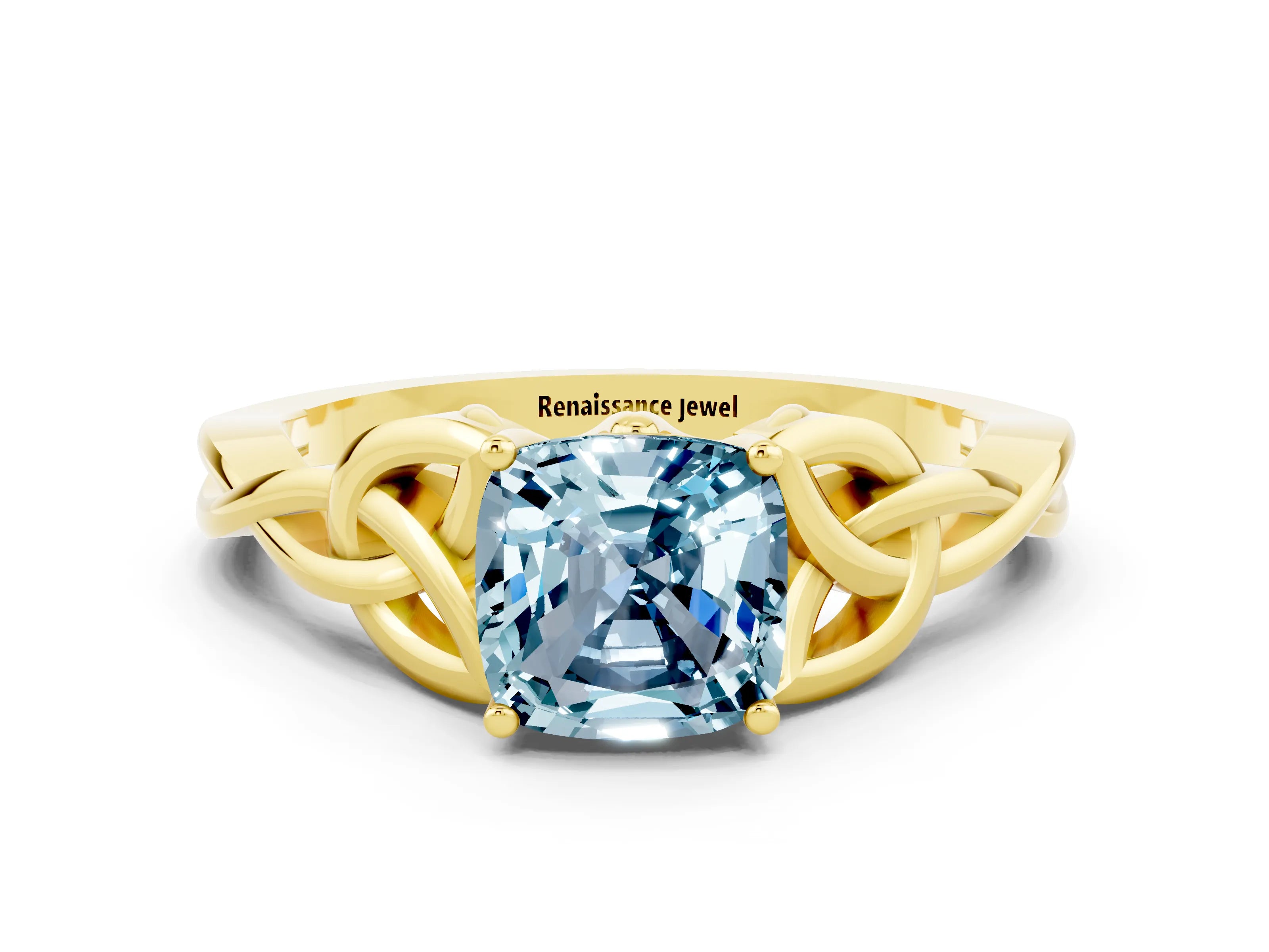 Yellow gold Cushion Cut Aquamarine Solitaire Engagement Ring with Celtic Knot Band and Four-Prong Setting