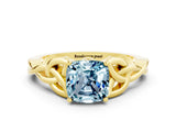 Yellow gold Cushion Cut Aquamarine Solitaire Engagement Ring with Celtic Knot Band and Four-Prong Setting
