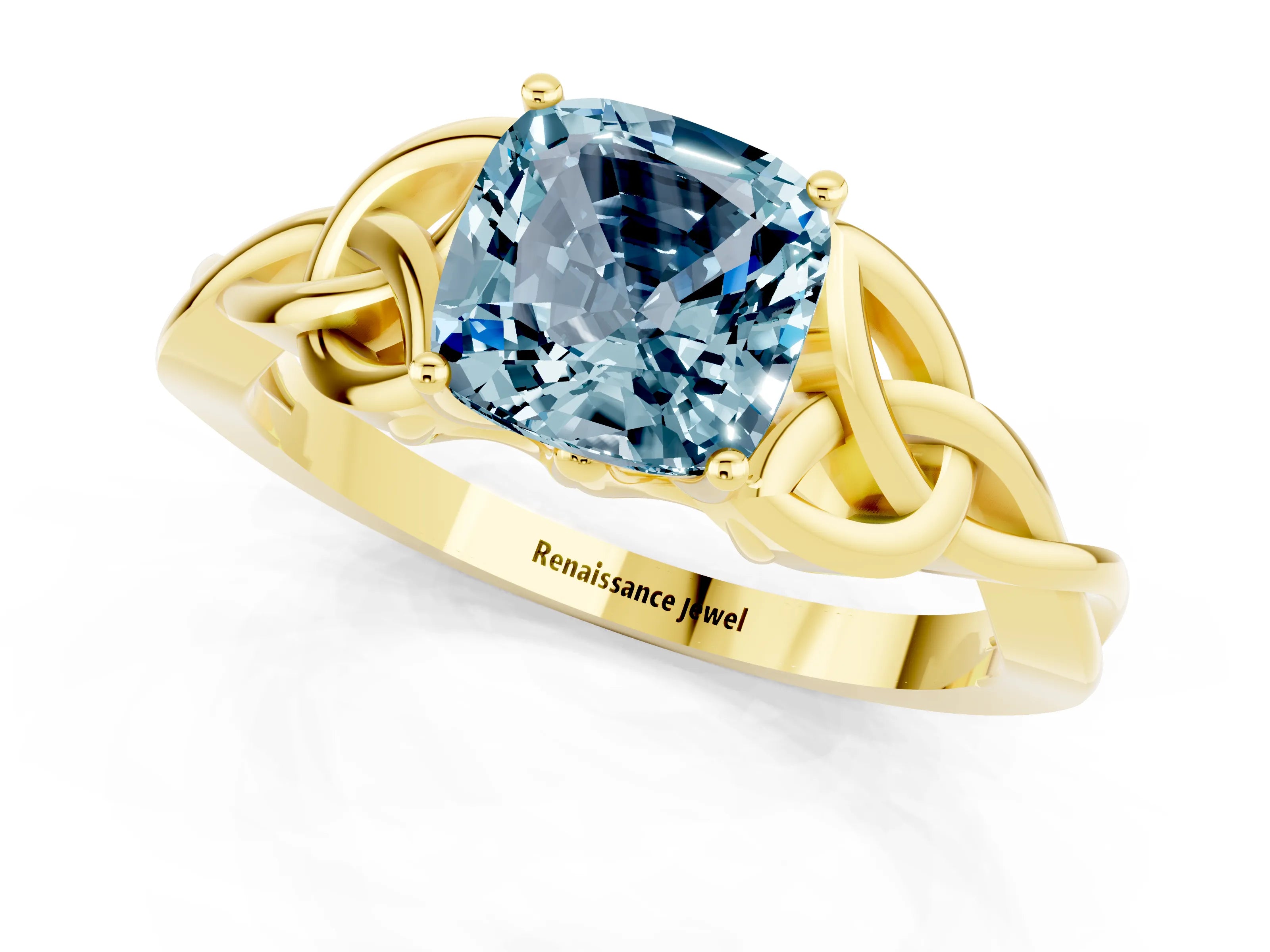 Yellow gold Cushion Cut Aquamarine Solitaire Engagement Ring with Celtic Knot Band and Four-Prong Setting_1