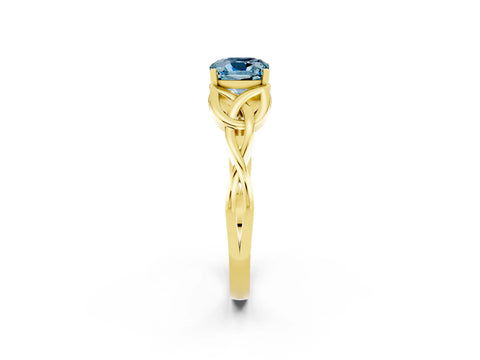 Yellow gold Cushion Cut Aquamarine Solitaire Engagement Ring with Celtic Knot Band and Four-Prong Setting_2