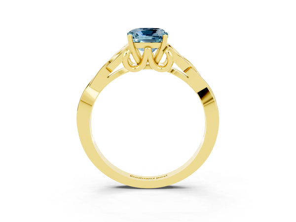 Yellow gold Cushion Cut Aquamarine Solitaire Engagement Ring with Celtic Knot Band and Four-Prong Setting
