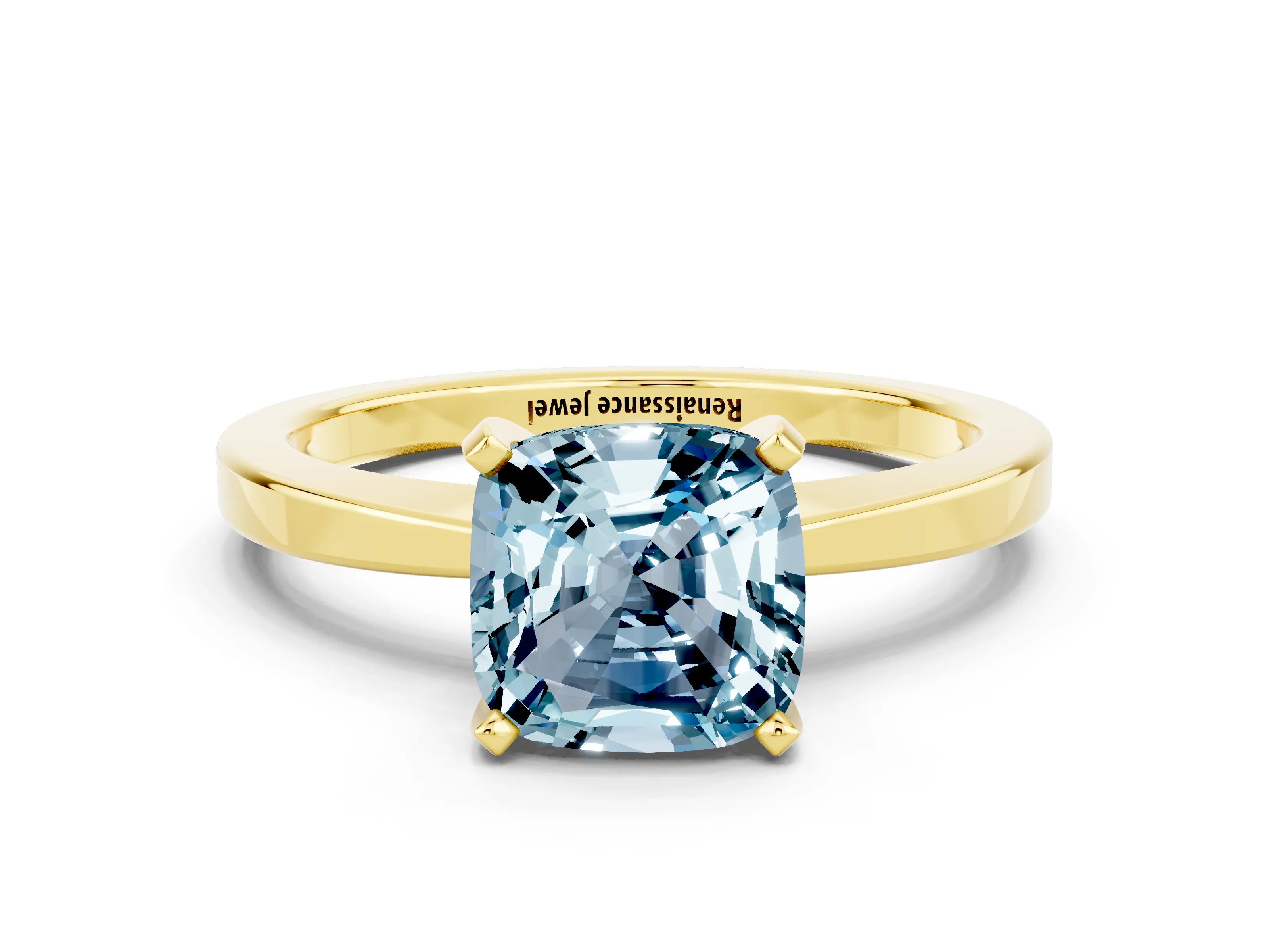 Yellow gold Cushion Cut Aquamarine Solitaire Engagement Ring with Classic Band and Four-Prong Setting_24