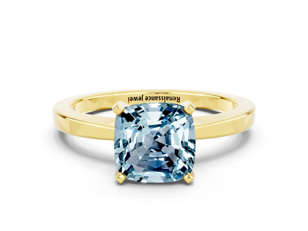 Yellow gold Cushion Cut Aquamarine Solitaire Engagement Ring with Classic Band and Four-Prong Setting