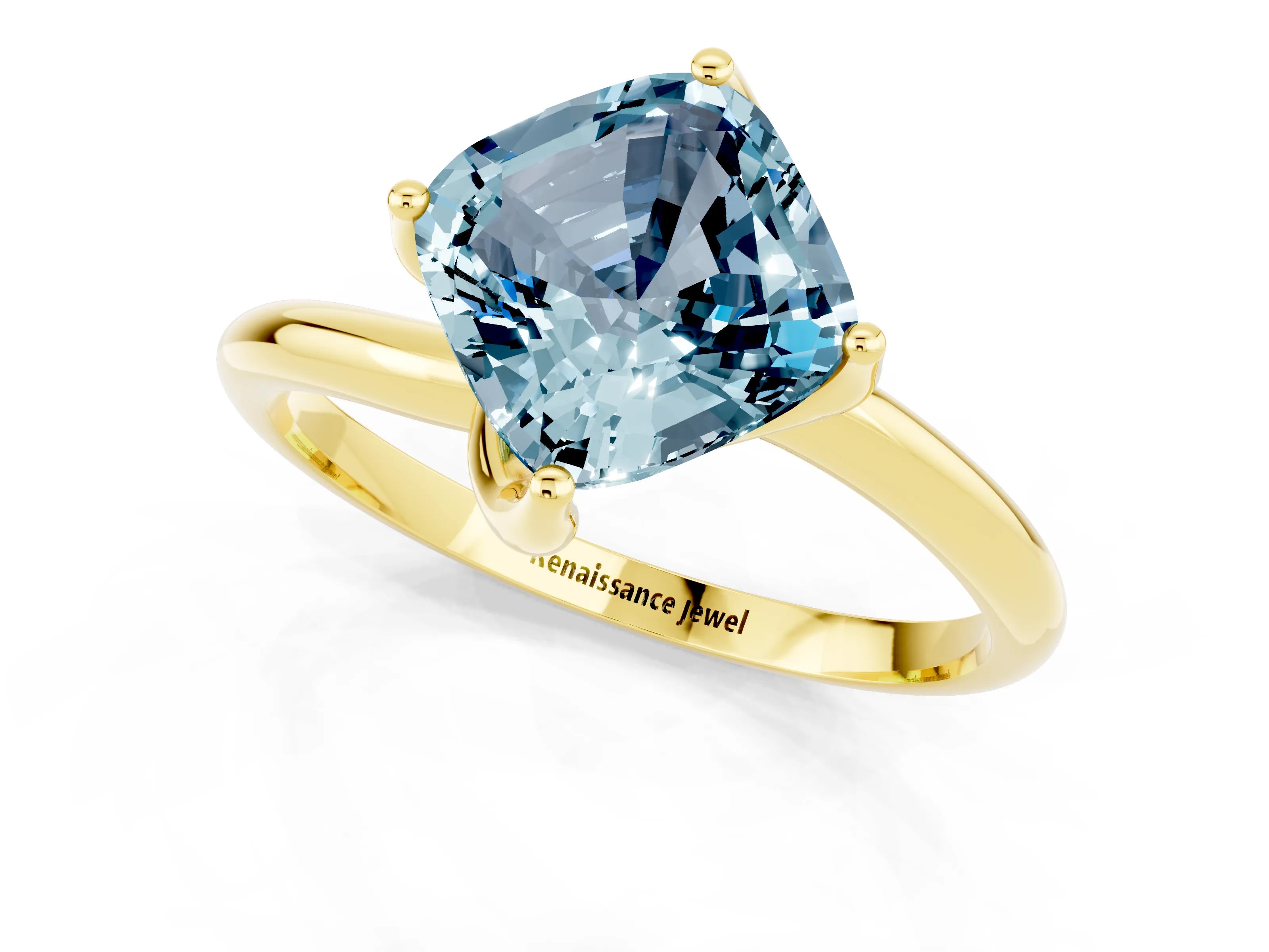 Yellow gold Cushion Cut Aquamarine Solitaire Engagement Ring with Four-Prong Setting and Classic Band_13