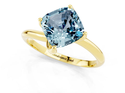 Yellow gold Cushion Cut Aquamarine Solitaire Engagement Ring with Four-Prong Setting and Classic Band_13