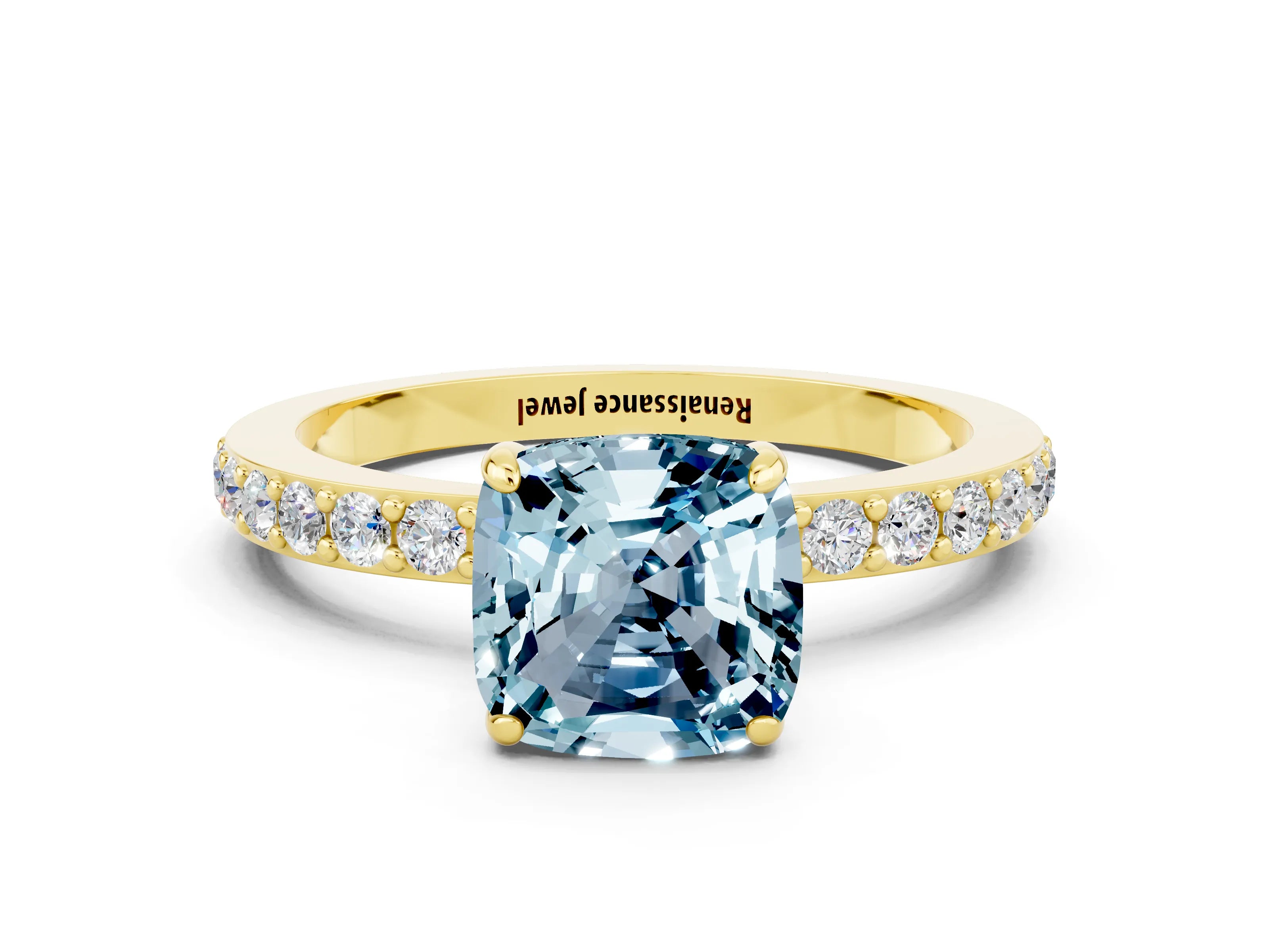 Yellow gold Cushion Cut Aquamarine Solitaire Engagement Ring with Pavé Band and Four-Prong Setting