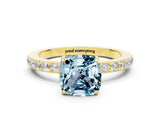 Yellow gold Cushion Cut Aquamarine Solitaire Engagement Ring with Pavé Band and Four-Prong Setting