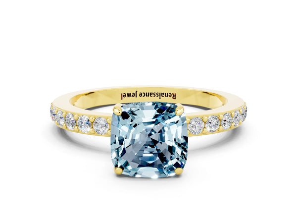 Yellow gold Cushion Cut Aquamarine Solitaire Engagement Ring with Pavé Band and Four-Prong Setting