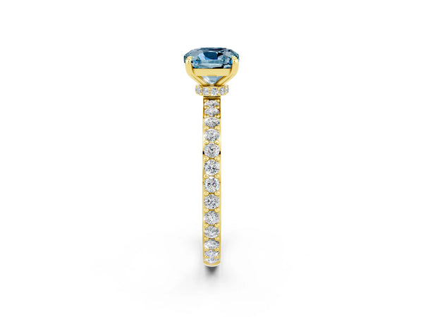 Yellow gold Cushion Cut Aquamarine Solitaire Engagement Ring with Pavé Band and Four-Prong Setting