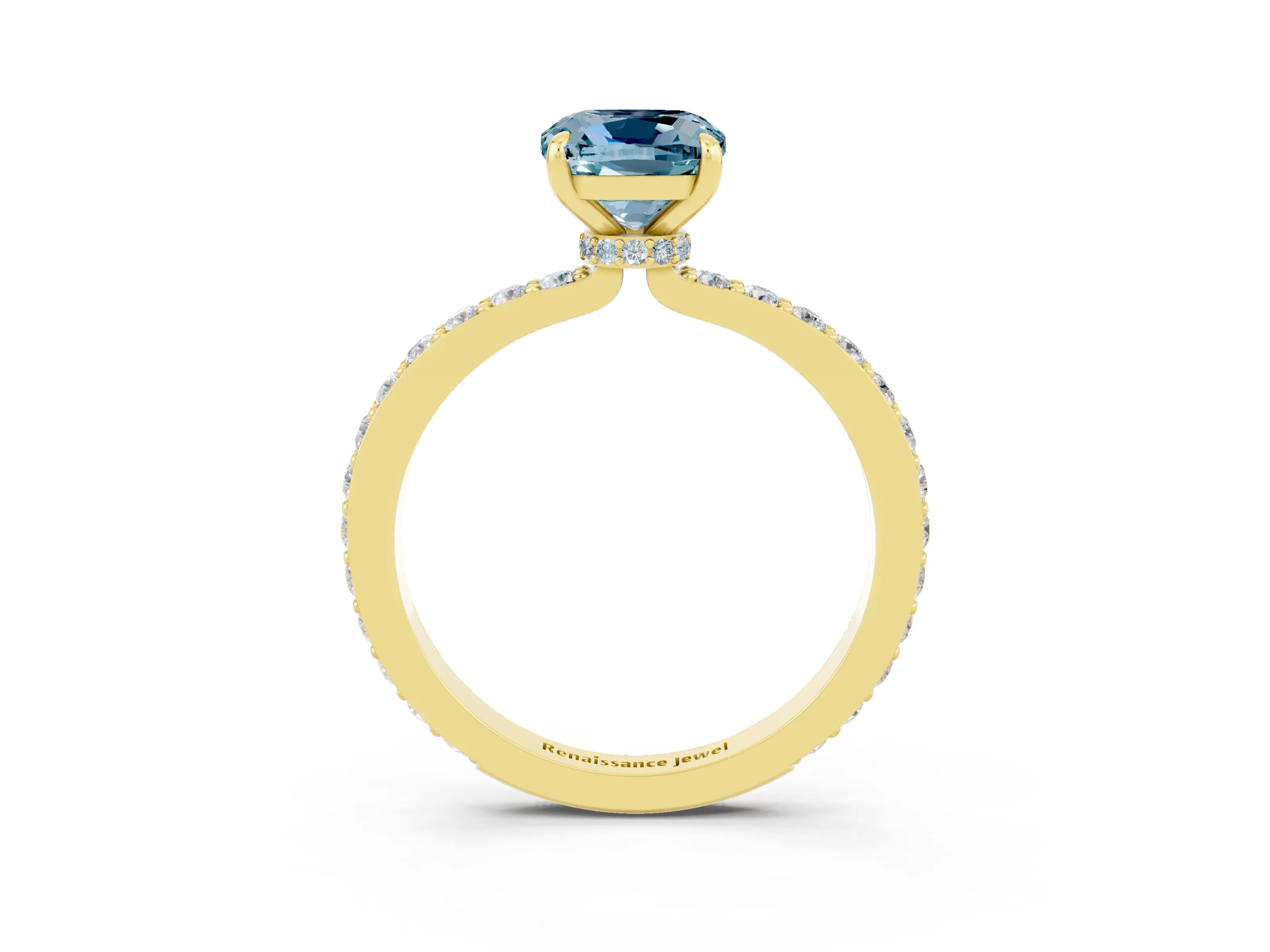 Yellow gold Cushion Cut Aquamarine Solitaire Engagement Ring with Pavé Band and Four-Prong Setting_3