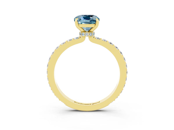 Yellow gold Cushion Cut Aquamarine Solitaire Engagement Ring with Pavé Band and Four-Prong Setting