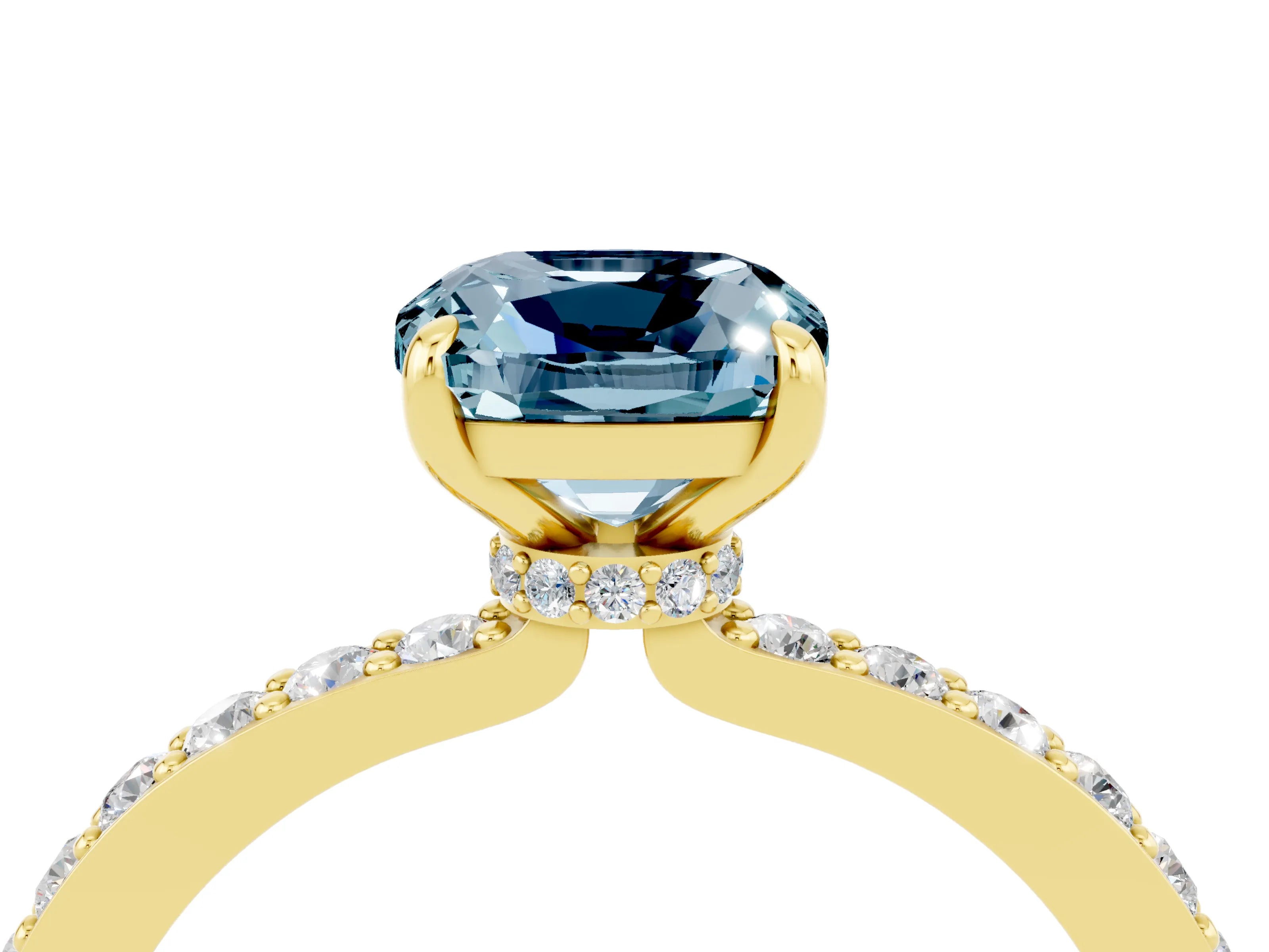 Yellow gold Cushion Cut Aquamarine Solitaire Engagement Ring with Pavé Band and Four-Prong Setting_4