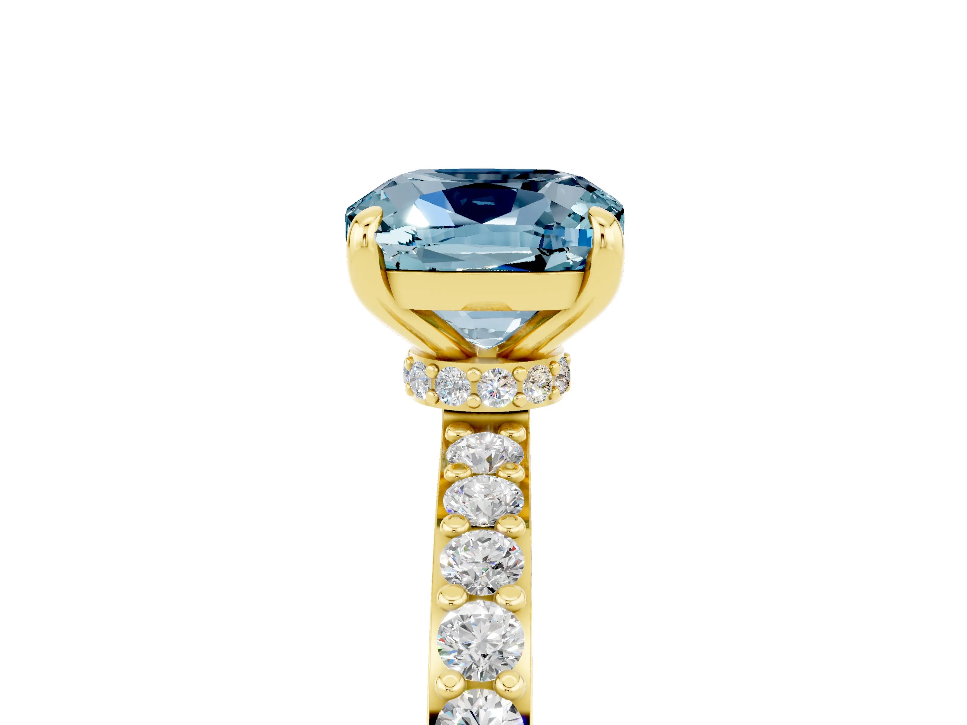 Yellow gold Cushion Cut Aquamarine Solitaire Engagement Ring with Pavé Band and Four-Prong Setting_5