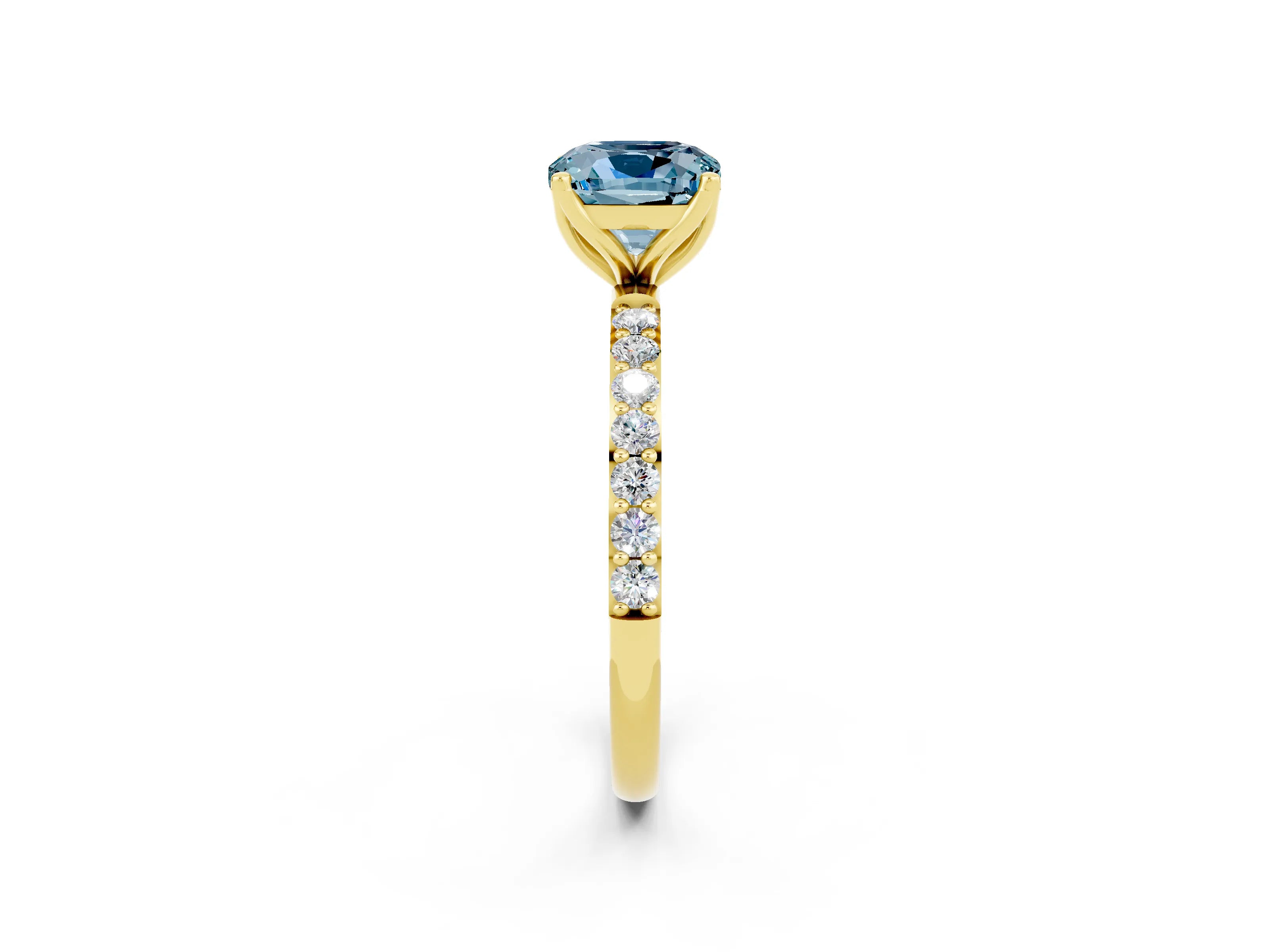 Yellow gold Cushion Cut Aquamarine Solitaire Engagement Ring with Pavé Band and Prong Setting_2