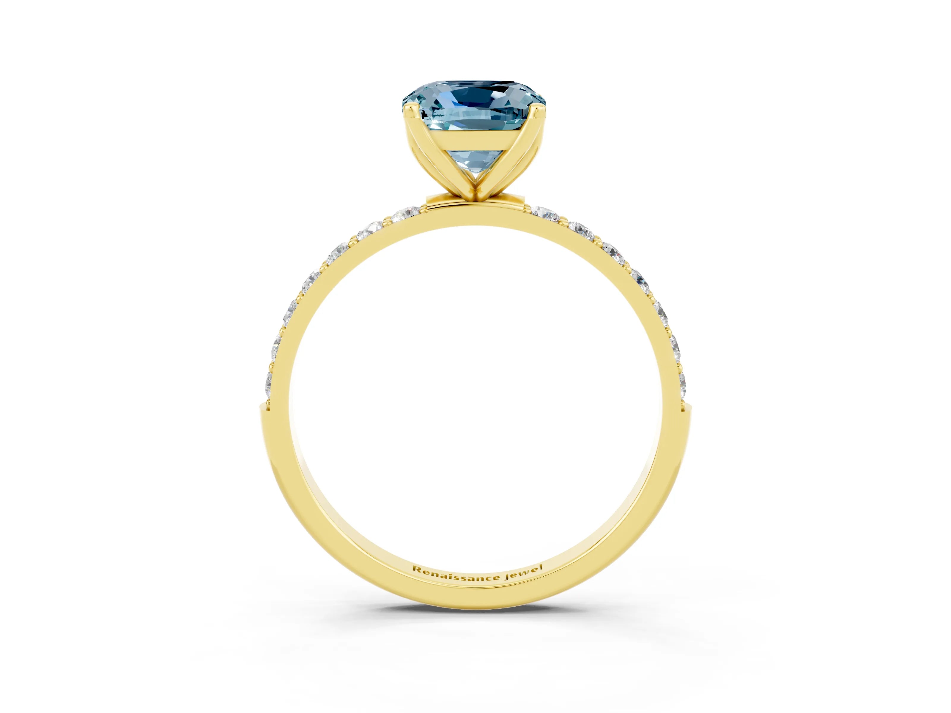 Yellow gold Cushion Cut Aquamarine Solitaire Engagement Ring with Pavé Band and Prong Setting_3
