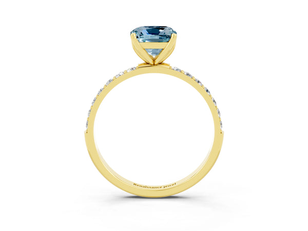 Yellow gold Cushion Cut Aquamarine Solitaire Engagement Ring with Round  Pavé Band and Prong Setting
