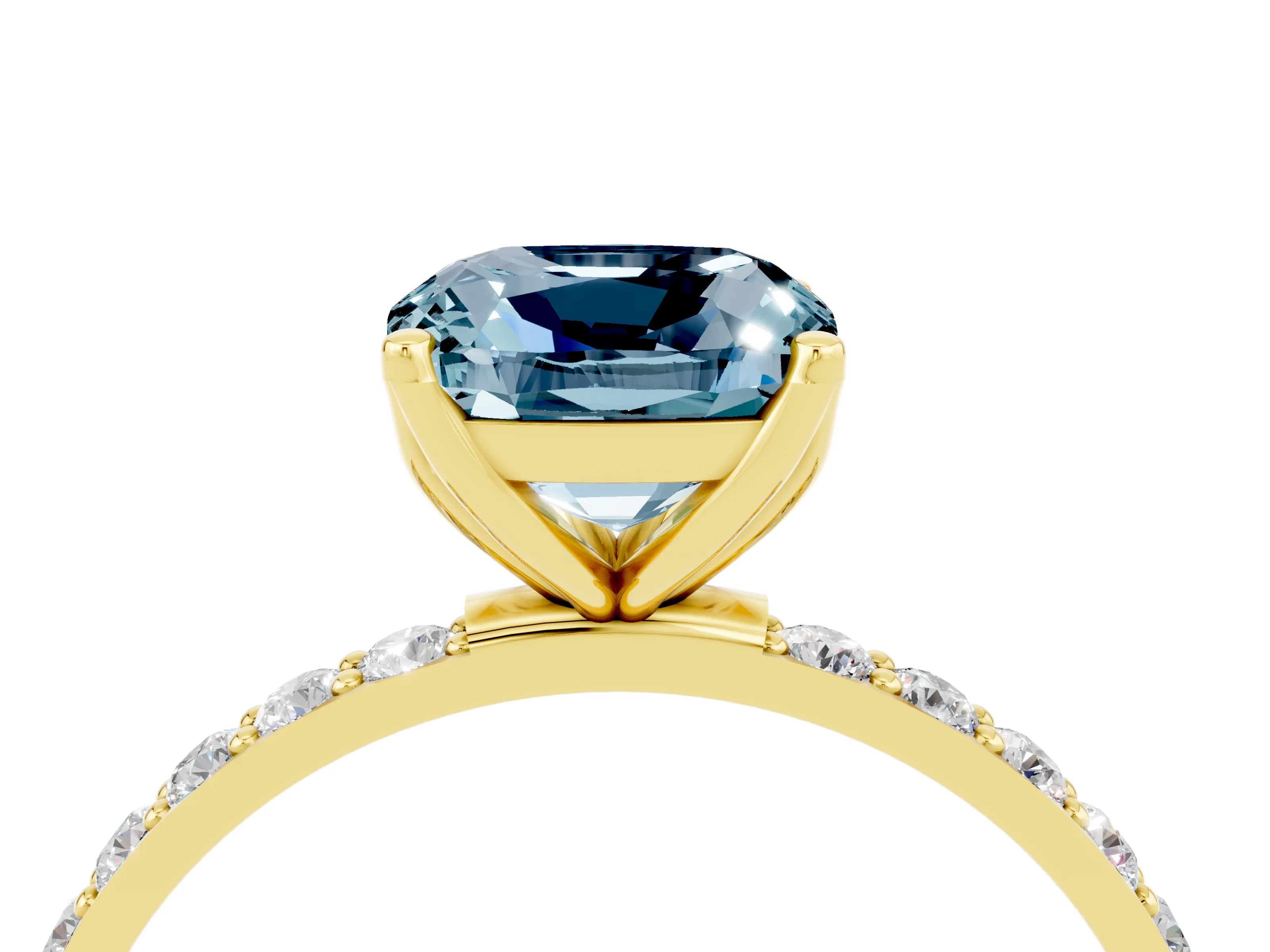 Yellow gold Cushion Cut Aquamarine Solitaire Engagement Ring with Pavé Band and Prong Setting_4