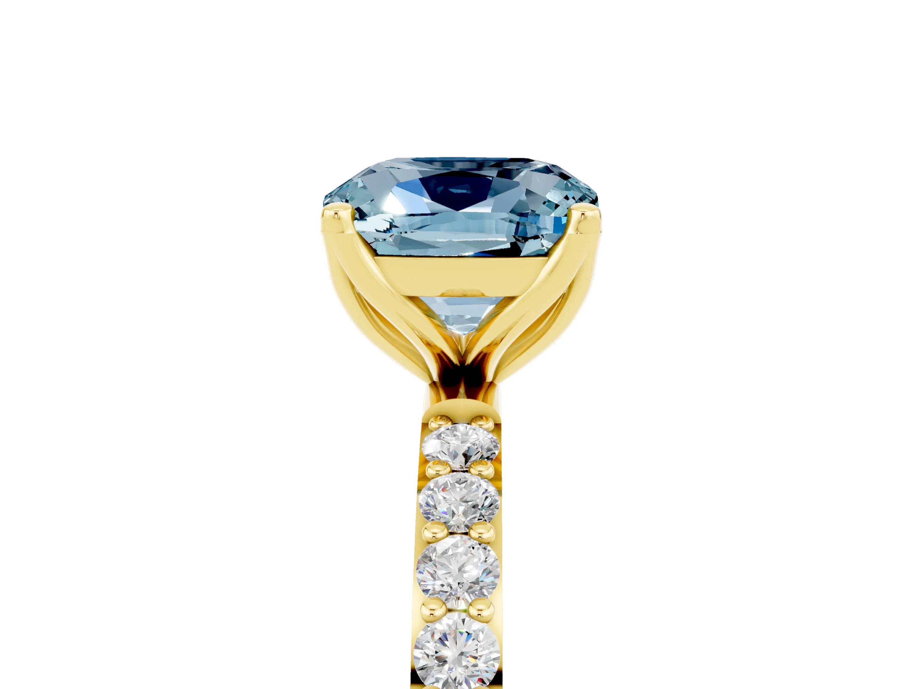 Yellow gold Cushion Cut Aquamarine Solitaire Engagement Ring with Pavé Band and Prong Setting_5
