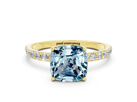 Yellow gold Cushion Cut Aquamarine Solitaire Engagement Ring with Pavé Band and Prong Setting