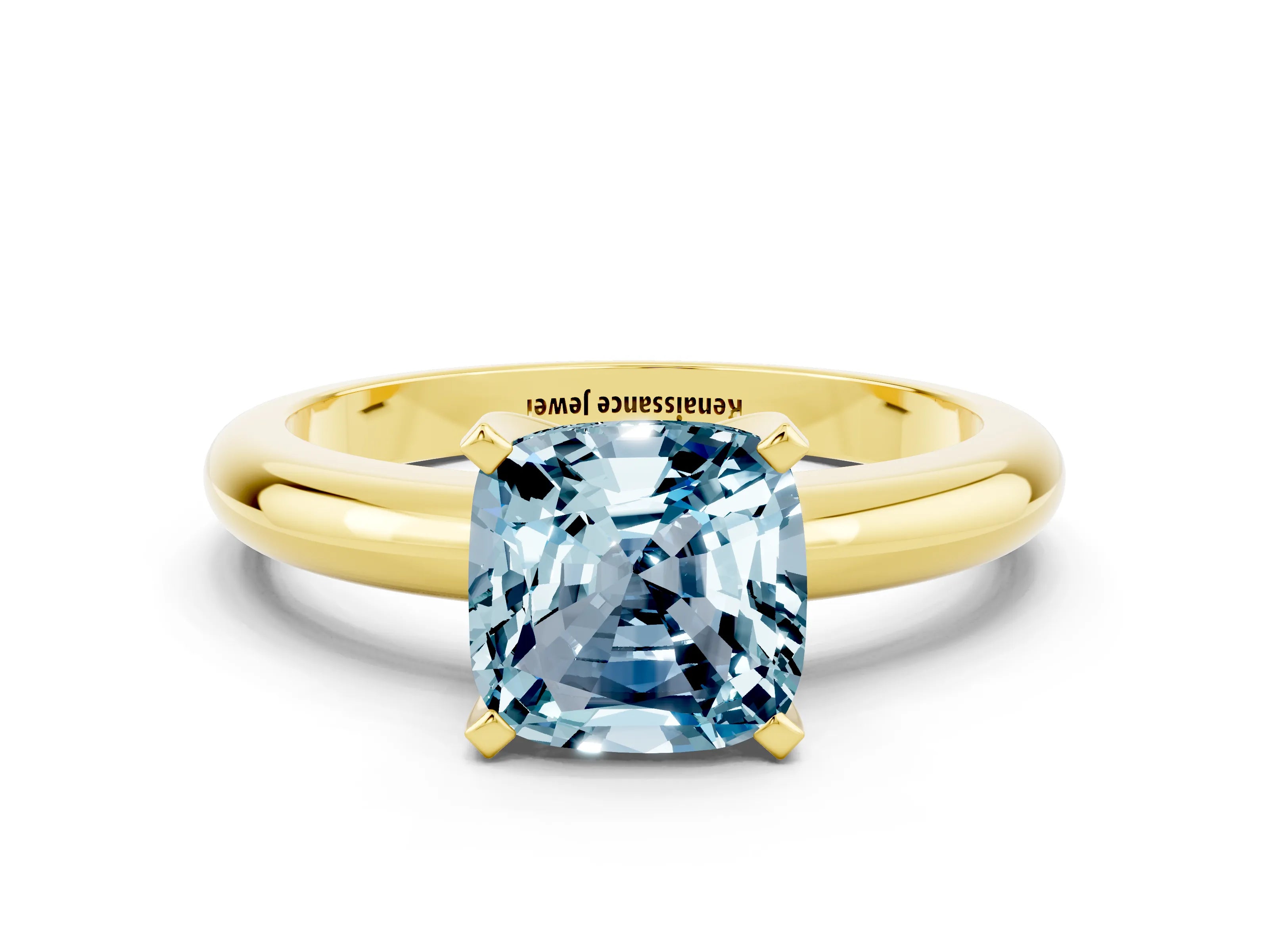 Yellow gold Cushion Cut Aquamarine Solitaire Engagement Ring with Round Band and Four-Prong Setting