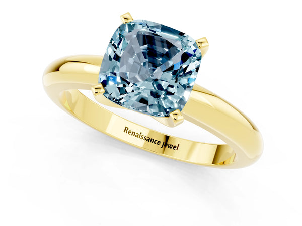 Yellow gold Cushion Cut Aquamarine Solitaire Engagement Ring with Round Band and Four-Prong Setting