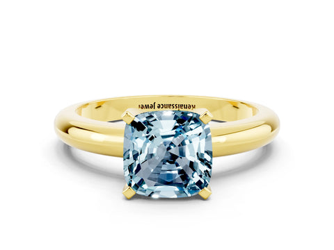 Yellow gold Cushion Cut Aquamarine Solitaire Engagement Ring with Round Band and Four-Prong Setting