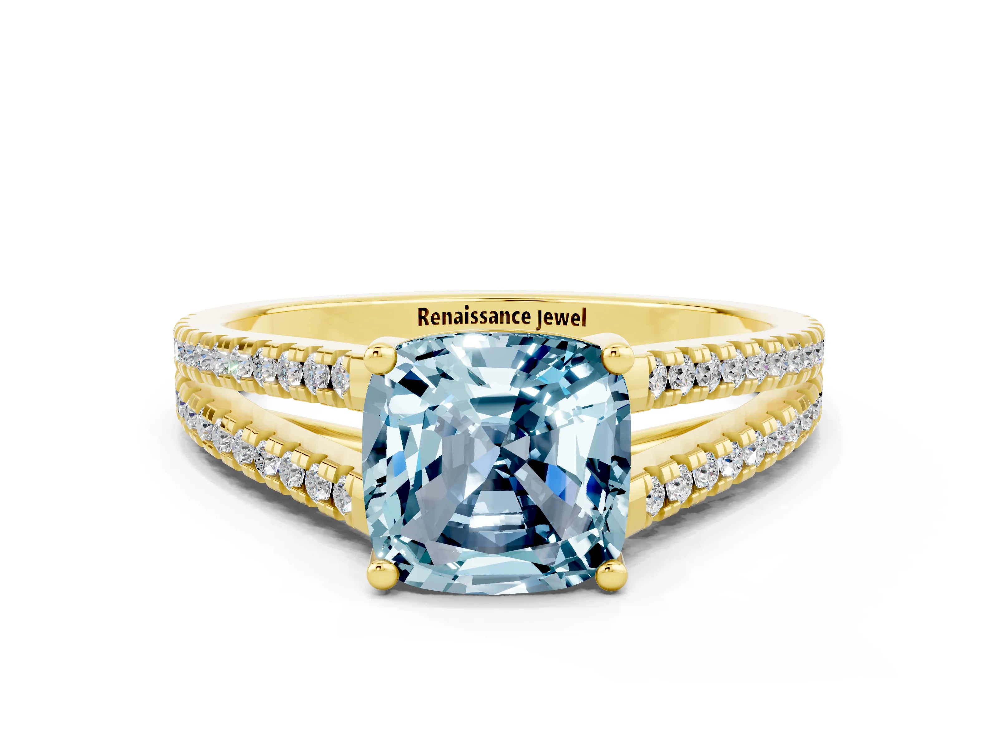 Yellow gold Cushion Cut Aquamarine Solitaire Engagement Ring with Split Shank Pavé Band