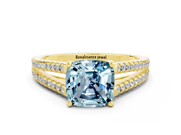 Yellow gold Cushion Cut Aquamarine Solitaire Engagement Ring with Split Shank Pavé Band
