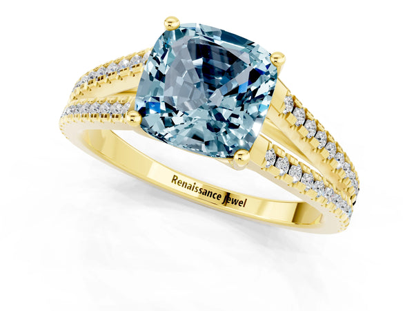 Yellow gold Cushion Cut Aquamarine Solitaire Engagement Ring with Split Shank Pavé Band