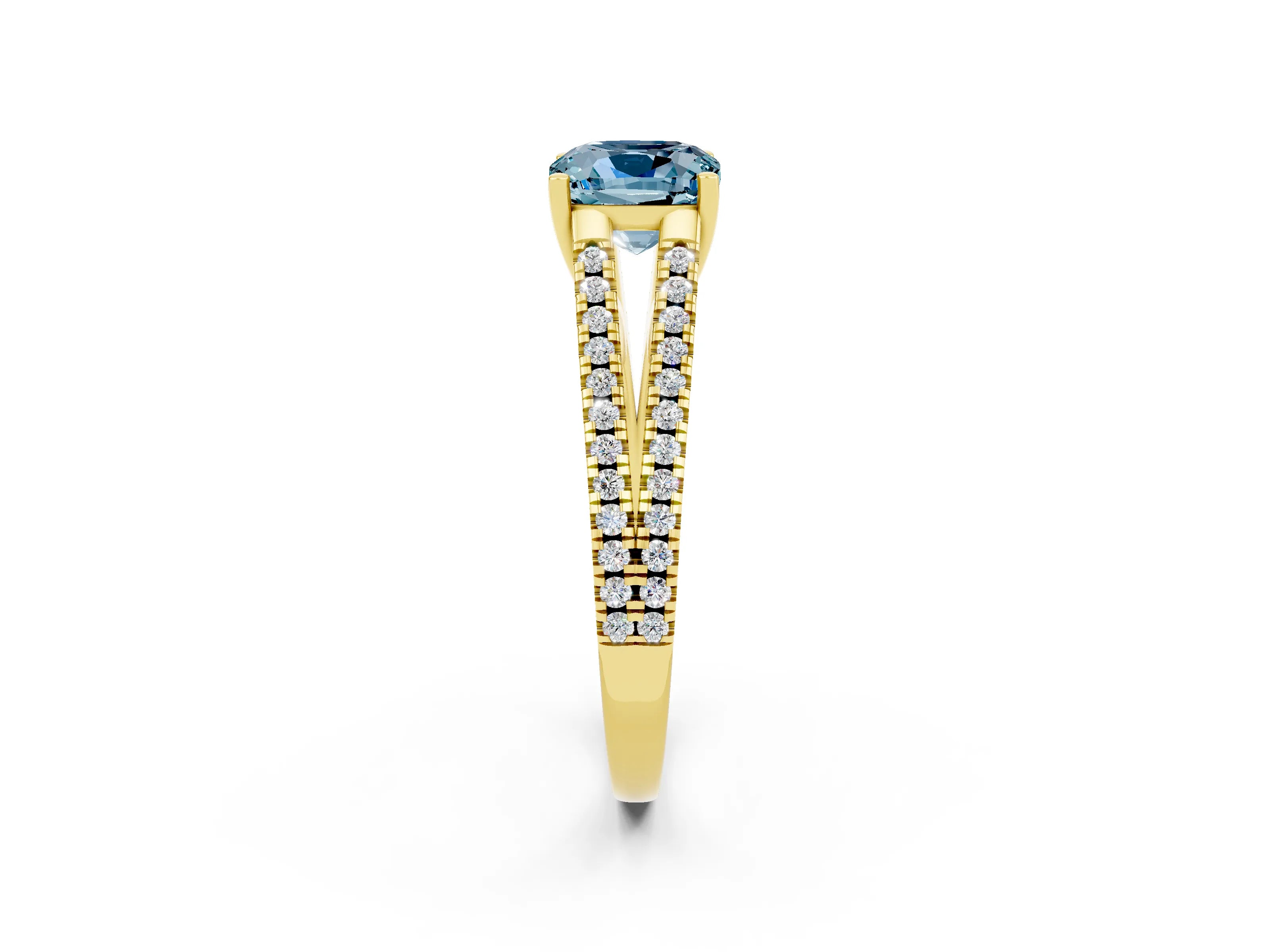 Yellow gold Cushion Cut Aquamarine Solitaire Engagement Ring with Split Shank Pavé Band_2