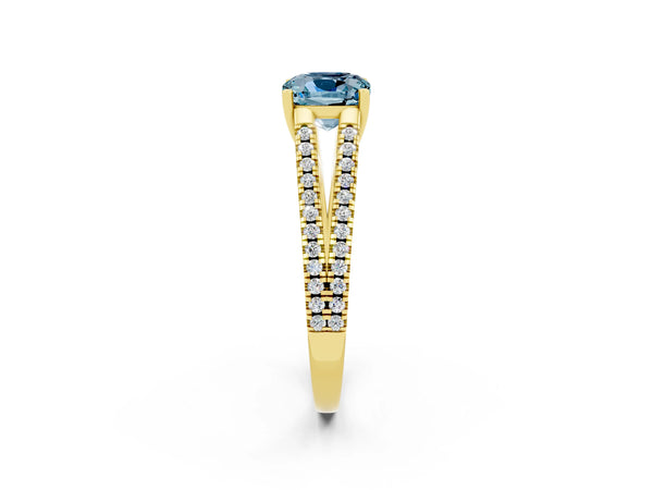 Yellow gold Cushion Cut Aquamarine Solitaire Engagement Ring with Split Shank Pavé Band