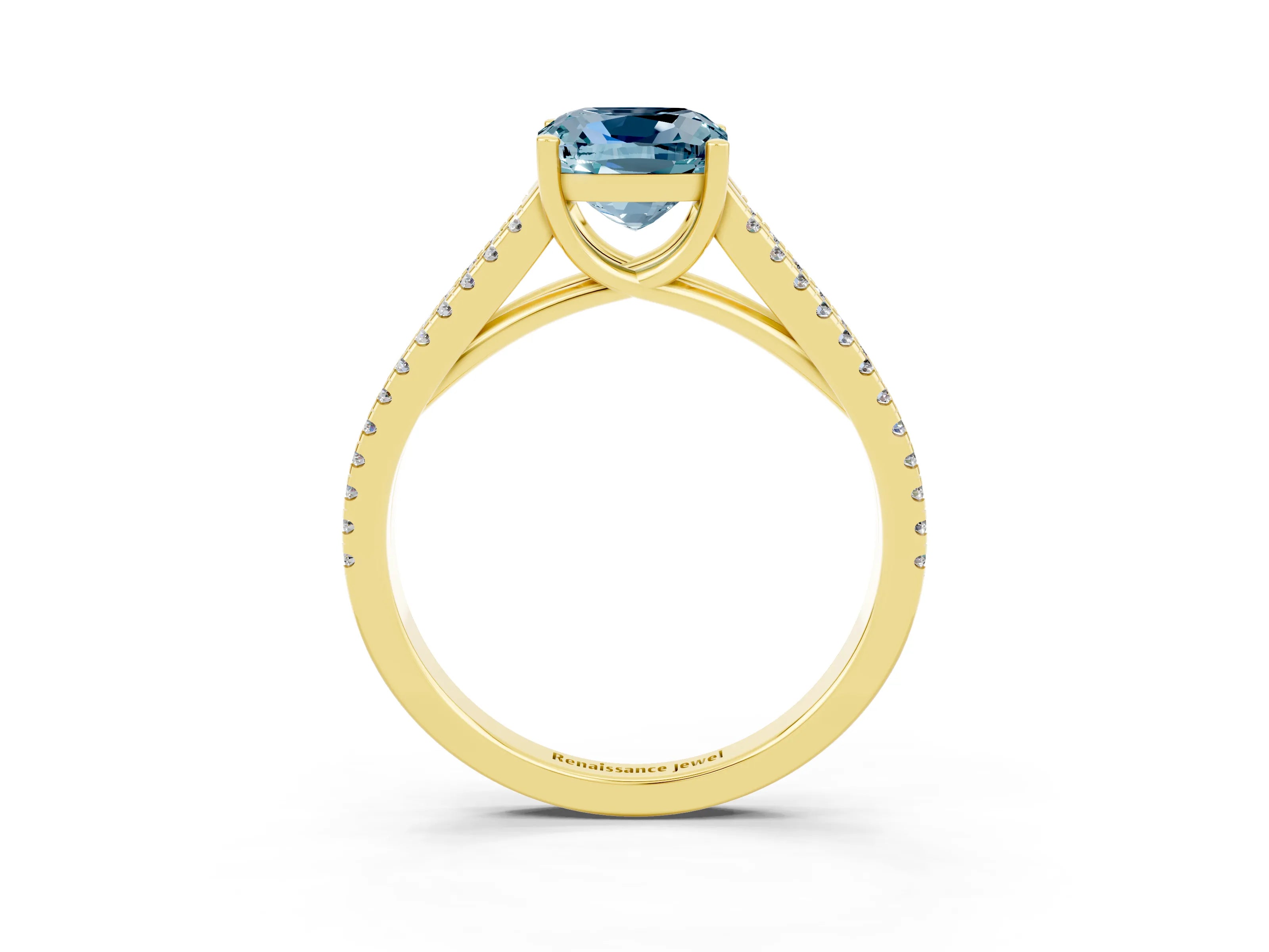 Yellow gold Cushion Cut Aquamarine Solitaire Engagement Ring with Split Shank Pavé Band_3