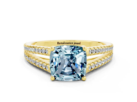 Yellow gold Cushion Cut Aquamarine Solitaire Engagement Ring with Split Shank Pavé Band