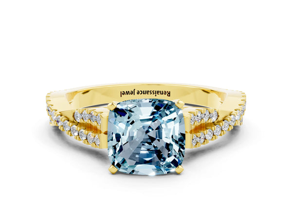 Yellow gold Cushion Cut Aquamarine Solitaire Engagement Ring with Twisted Pavé Band and Four-Prong Setting