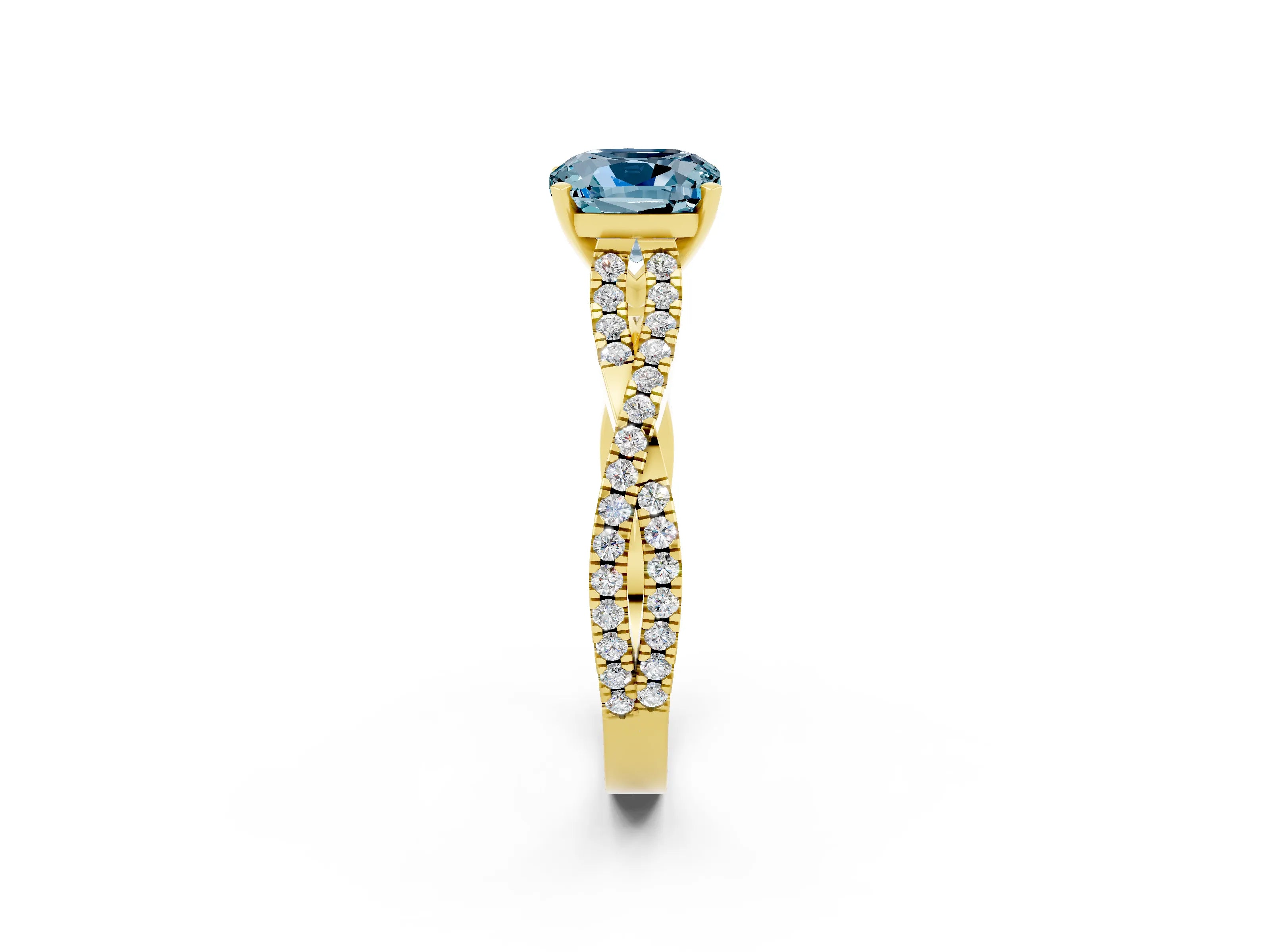 Yellow gold Cushion Cut Aquamarine Solitaire Engagement Ring with Twisted Pavé Band and Four-Prong Setting_14
