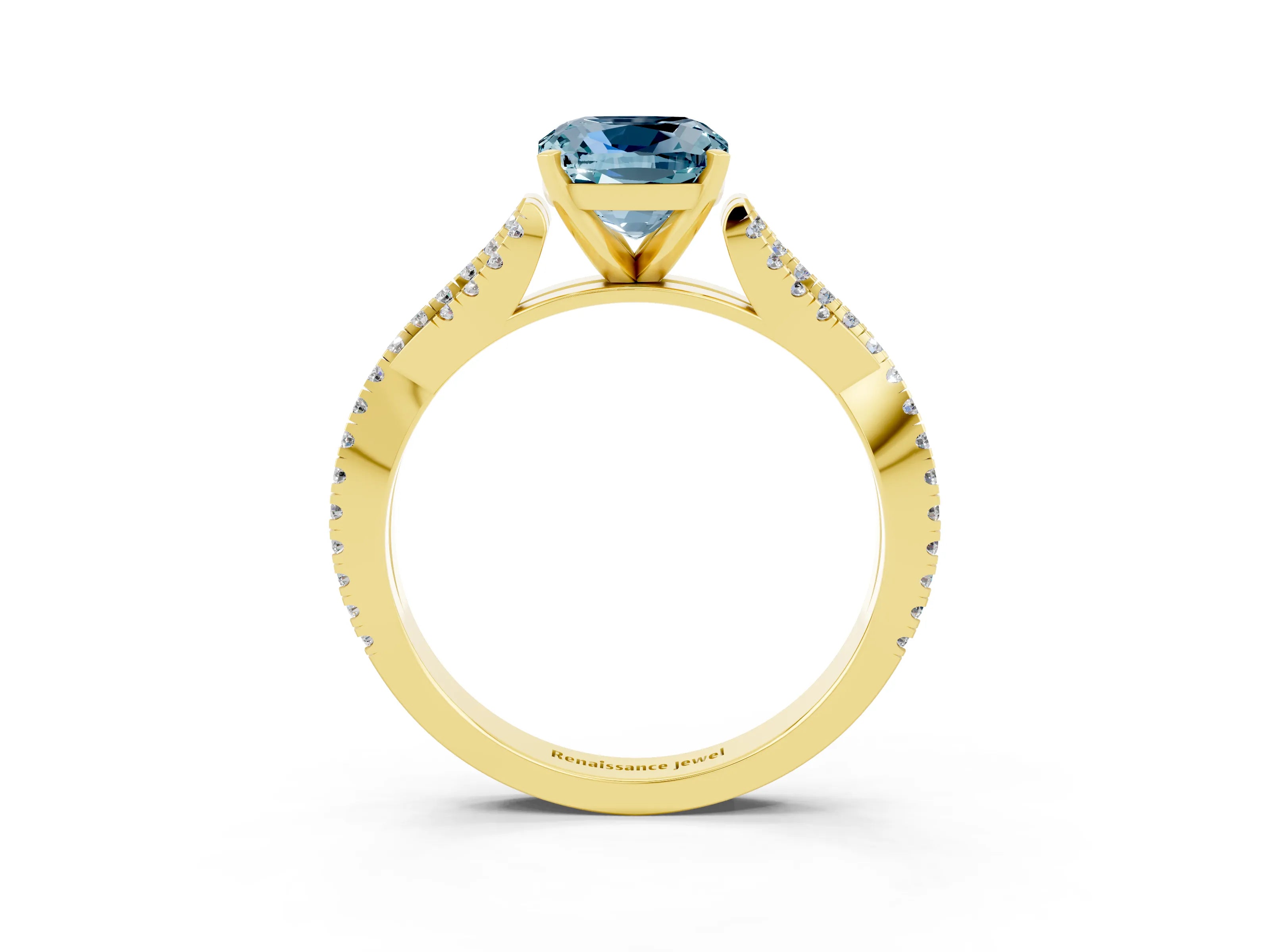 Yellow gold Cushion Cut Aquamarine Solitaire Engagement Ring with Twisted Pavé Band and Four-Prong Setting_15