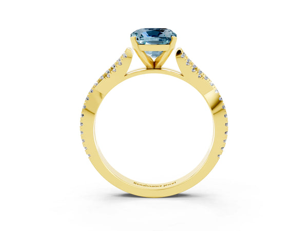 Yellow gold Cushion Cut Aquamarine Solitaire Engagement Ring with Twisted Pavé Band and Four-Prong Setting