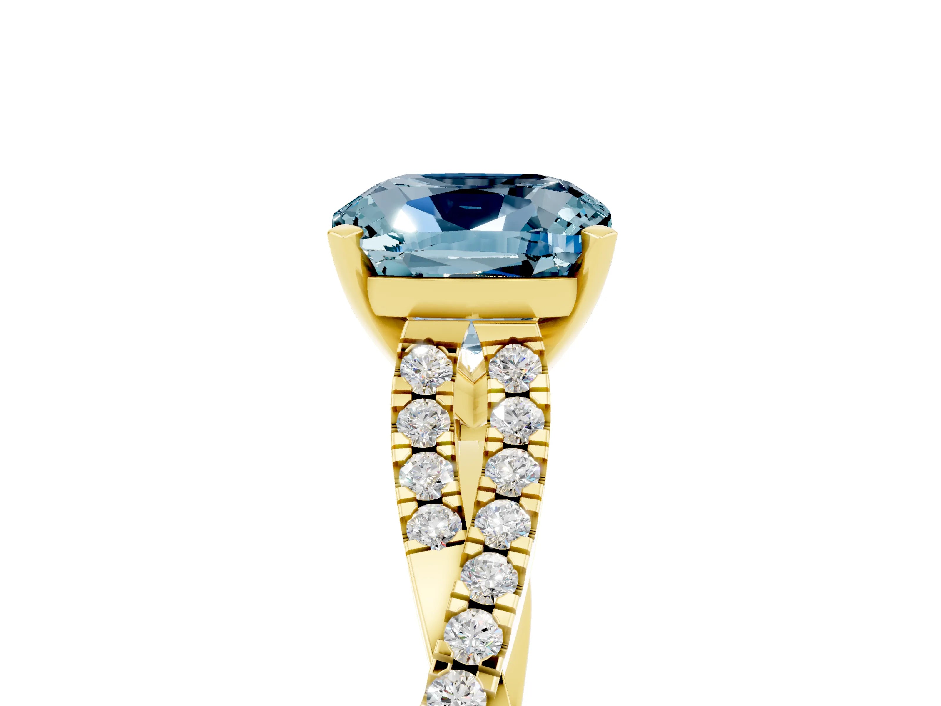 Yellow gold Cushion Cut Aquamarine Solitaire Engagement Ring with Twisted Pavé Band and Four-Prong Setting_17