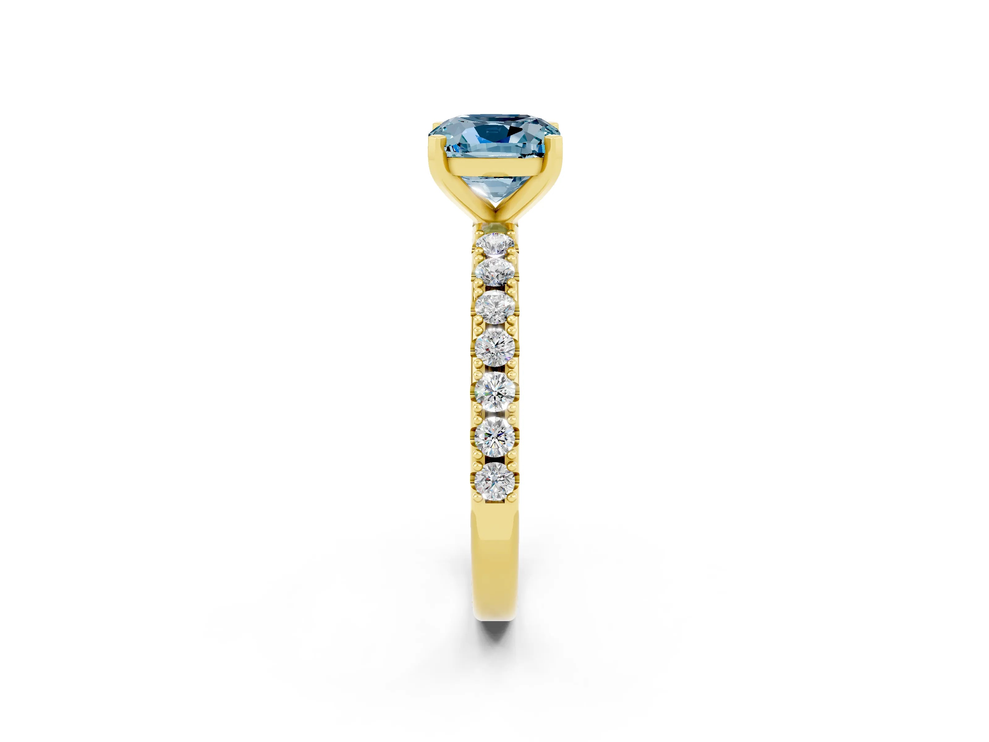 Yellow gold Cushion Cut Aquamarine Solitaire Pavé Band with Four-Prong Setting_2