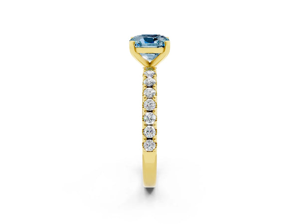 Yellow gold Cushion Cut Aquamarine Solitaire Pavé Band with Four-Prong Setting