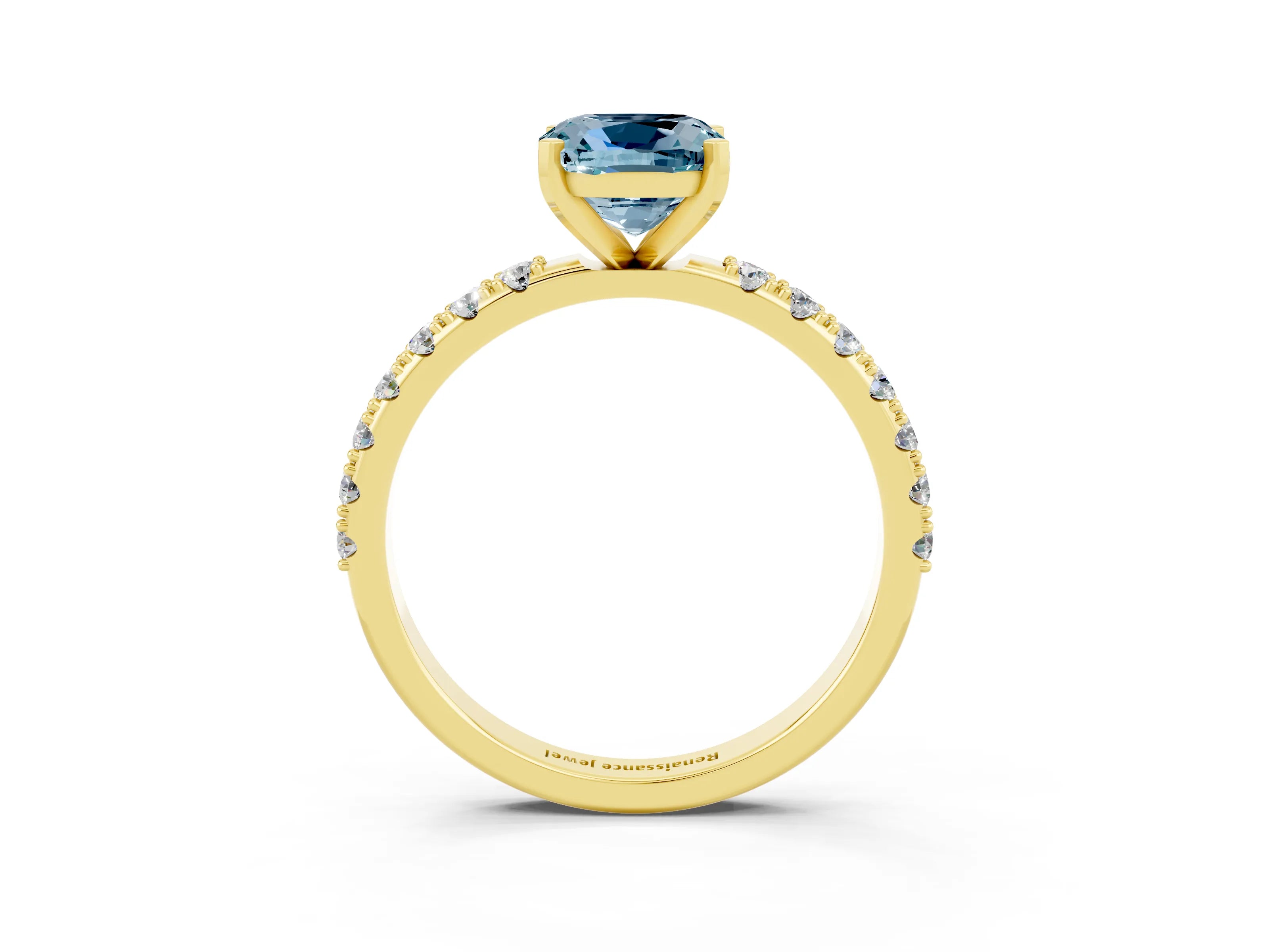 Yellow gold Cushion Cut Aquamarine Solitaire Pavé Band with Four-Prong Setting_3