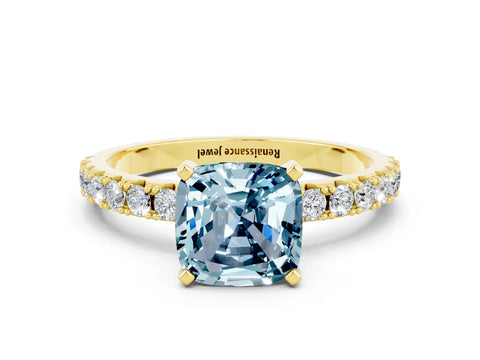 Yellow gold Cushion Cut Aquamarine Solitaire Pavé Band with Four-Prong Setting