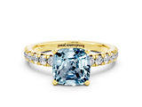 Yellow gold Cushion Cut Aquamarine Solitaire Pavé Engagement Ring with Round Band and Prong Setting_12
